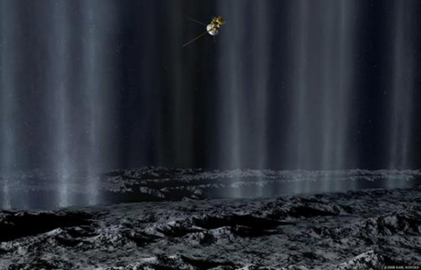 在这张艺术家的想象图中,“卡西尼”号飞船从土星的卫星——土卫二的附近飞过,前去研究从这颗卫星南极区巨大的裂缝里喷发而出的烟柱。 在这张艺术家的想象图中,“卡西尼”号飞船从土星的卫星——土卫二的附近飞过,前去研究从这颗卫星南极区巨大的裂缝里喷发而出的烟柱。