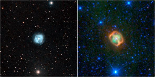 NGC1514看上去和一般的星云没有什么区别。但在WISE的红外视野之中,则可以清晰看见它被几个松散的环状结构包围着,这一结果让人意外 NGC1514看上去和一般的星云没有什么区别。但在WISE的红外视野之中,则可以清晰看见它被几个松散的环状结构包围着,这一结果让人意外