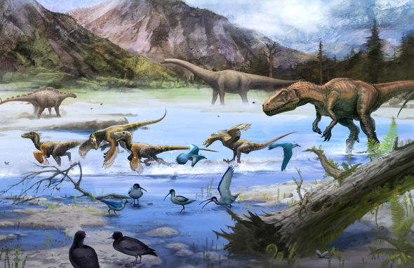 距今约1.2亿年前的魔鬼城地区的古生物群复原图 距今约1.2亿年前的魔鬼城地区的古生物群复原图