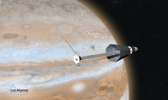 模拟图:采用核能引擎的深空探测器正飞往木星 模拟图:采用核能引擎的深空探测器正飞往木星