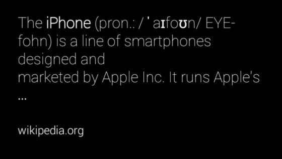 語音搜索iPhone, Google 眼鏡立即顯示維基百科定義、相關新聞、附近購買商店等完善的信息 語音搜索iPhone, Google 眼鏡立即顯示維基百科定義、相關新聞、附近購買商店等完善的信息