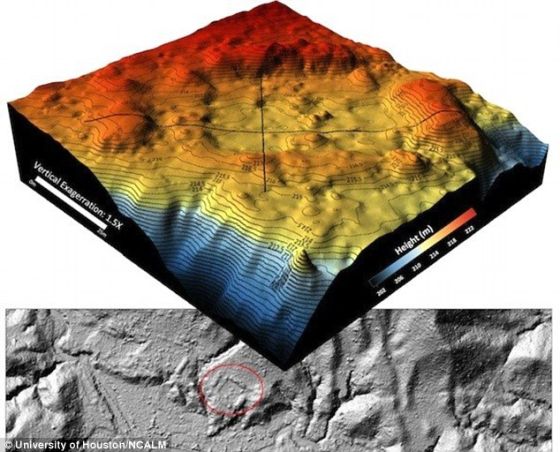 美国休斯顿大学和国家机载激光测绘中心的研究小组绘制的3D数字地形图,被红色环绕的是一个人造广场 美国休斯顿大学和国家机载激光测绘中心的研究小组绘制的3D数字地形图,被红色环绕的是一个人造广场