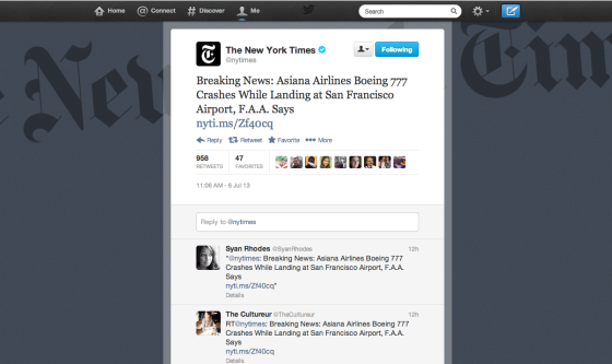 美国四大主流媒体中，《纽约时报》最先发布坠机事件相关推文