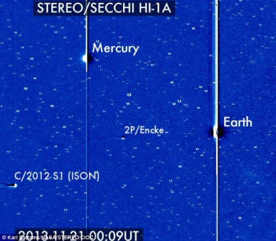 2013年11月21日,ISON彗星进入了NASA日地关系天文台的视野中,出现在图片中的还有地球、水星和恩克彗星(2P/Encke)。 2013年11月21日,ISON彗星进入了NASA日地关系天文台的视野中,出现在图片中的还有地球、水星和恩克彗星(2P/Encke)。
