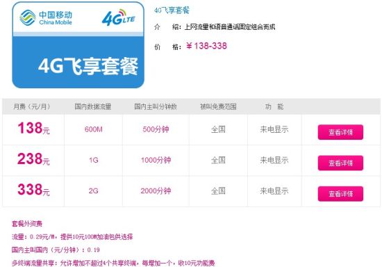 中国移动公布4G全国资费套餐 中国移动公布4G全国资费套餐