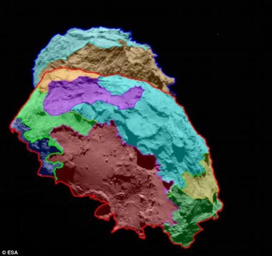 用不同颜色标注的彗星地形单元图，这张地图将帮助科学家们选定在今年11月份着陆彗星的具体位置，这将是人类首次着陆一颗彗星的表面。