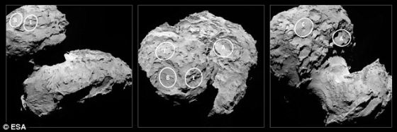 8月23日-24日期间彗星表面预先选定的5处候选着陆地点。这几处地点被标注在8月16日由罗塞塔号探测器OSIRIS窄角相机拍摄的图像中，拍摄距离约100公里。