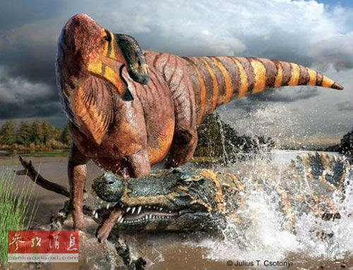 科学家在美国犹他州发现了鼻王龙骨骼化石,并对其死前遭到巨型鳄袭击的一幕进行了复原(美国趣味科学网站) 科学家在美国犹他州发现了鼻王龙骨骼化石,并对其死前遭到巨型鳄袭击的一幕进行了复原(美国趣味科学网站)