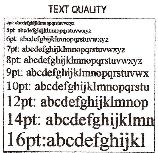 正文字打印效果,4pt,5pt,6pt字符表现比较差,字符毛刺,斑点比较