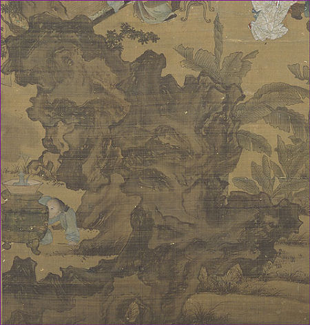 明代唐寅《陶榖赠词图》(局部3“太湖石”图)(从台北故宫博物院网站下载) 明代唐寅《陶榖赠词图》(局部3“太湖石”图)(从台北故宫博物院网站下载)