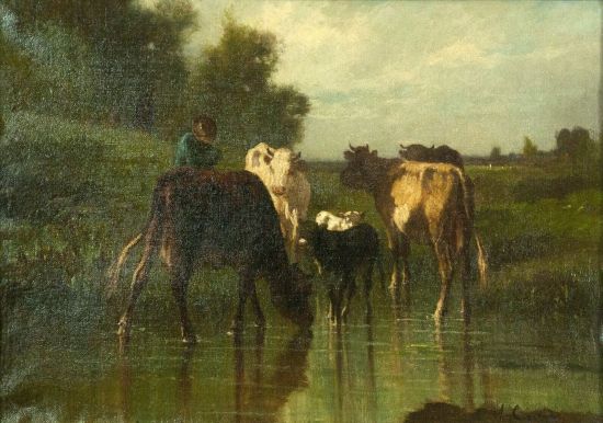 《池塘里的牛群》 安德烈· 高戴斯 André Cortès (1866-1920) 布面油画 33×46cm 《池塘里的牛群》 安德烈· 高戴斯 André Cortès (1866-1920) 布面油画 33×46cm
