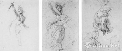 欧仁·德拉克罗瓦(Eugène Delacroix),自由女神的三幅研究,1830年,7月28日,黑铅,以白色加强。卢浮宫收藏。 欧仁·德拉克罗瓦(Eugène Delacroix),自由女神的三幅研究,1830年,7月28日,黑铅,以白色加强。卢浮宫收藏。
