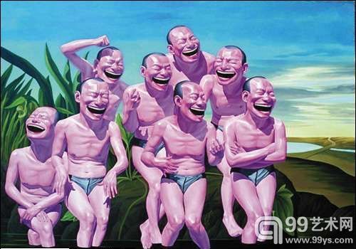 当初看到这张画时,给人的直觉是画了一帮“傻子”,后来才明白是作者的“自我形象”。岳敏君说到:“我”好像不是成长在这样的一个环境里,而是恰巧出现在这里。在“自我形象”里,眼睛总是紧闭的,外界发生的事对于“我”来说并不重要。某种自恋、自信、熟识一切而无睹的“我”占据着世界的中心。这就是中国当代艺术中的“自我”。她不是个人价值的发现和尊重,而是带有某种专制主义特点的个人崇拜,这种拼命追求专制的面孔,就象得了“羊疯颠”一样狂噪。 当初看到这张画时,给人的直觉是画了一帮“傻子”,后来才明白是作者的“自我形象”。岳敏君说到:“我”好像不是成长在这样的一个环境里,而是恰巧出现在这里。在“自我形象”里,眼睛总是紧闭的,外界发生的事对于“我”来说并不重要。某种自恋、自信、熟识一切而无睹的“我”占据着世界的中心。这就是中国当代艺术中的“自我”。她不是个人价值的发现和尊重,而是带有某种专制主义特点的个人崇拜,这种拼命追求专制的面孔,就象得了“羊疯颠”一样狂噪。