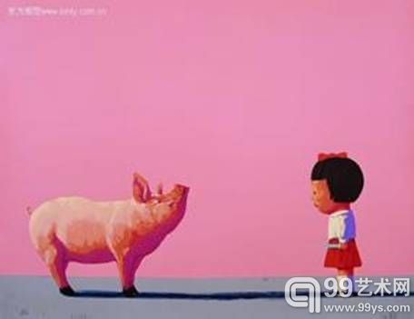 艺术家刘野的这幅作品描绘一头大猪面前站立着一个神情凝重的小孩,猪庞大的得意忘形的形态与小孩手中小小的刀具形成鲜明对比,看出她在做自卫的准备,同时也折射出内心极度的恐惧。 艺术家刘野的这幅作品描绘一头大猪面前站立着一个神情凝重的小孩,猪庞大的得意忘形的形态与小孩手中小小的刀具形成鲜明对比,看出她在做自卫的准备,同时也折射出内心极度的恐惧。