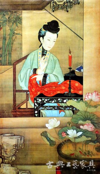 图6 清前期人物画中的黄花梨南官帽椅(引自《雍亲王题书堂深居图》) 图6 清前期人物画中的黄花梨南官帽椅(引自《雍亲王题书堂深居图》)