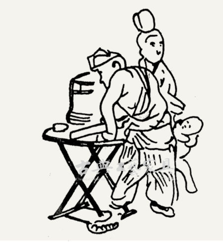 图4 山西五台山岩山寺金代壁画中的交足桌线描图 图4 山西五台山岩山寺金代壁画中的交足桌线描图