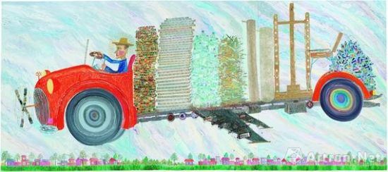 欧阳春《超级画家驾驶狂热绘画机器降在陕西省长安县西杨万村的那片麦田里》 240×540cm(三联画 Triptych) 画布上油彩及实物拼贴 2008年 欧阳春《超级画家驾驶狂热绘画机器降在陕西省长安县西杨万村的那片麦田里》 240×540cm(三联画 Triptych) 画布上油彩及实物拼贴 2008年