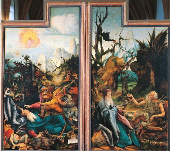 《圣安东尼的诱惑》(The Temptation of St. Anthony),伊森海姆祭坛画,马蒂亚斯·格吕内瓦尔德(Matthias Grunewald)(1475-1528),画板油画 《圣安东尼的诱惑》(The Temptation of St. Anthony),伊森海姆祭坛画,马蒂亚斯·格吕内瓦尔德(Matthias Grunewald)(1475-1528),画板油画