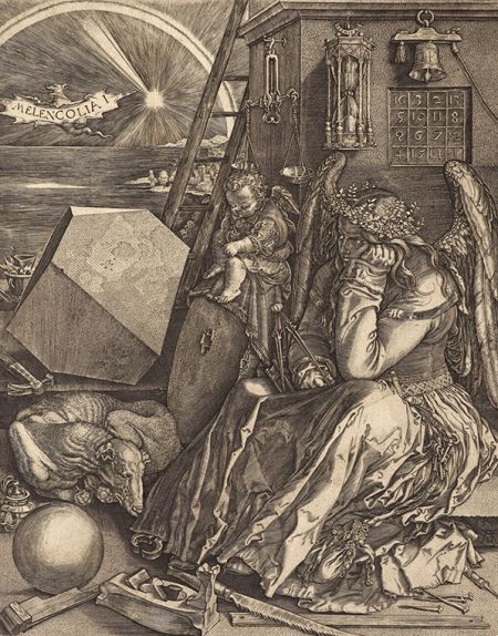 约翰·科斯(Johan Wierix),仿阿尔布雷特·丢勒的《抑郁症》(Melancolia),纸上雕版画,藏于苏格兰国家画廊(Scottish National Gallery) 约翰·科斯(Johan Wierix),仿阿尔布雷特·丢勒的《抑郁症》(Melancolia),纸上雕版画,藏于苏格兰国家画廊(Scottish National Gallery)