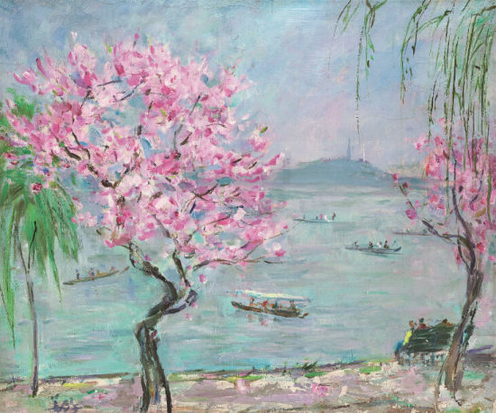 胡善馀 西湖桃花 1976年 布面油画 54×44.5cm 附台湾索卡艺术中心保真证书 RMB 200,000-250,000 胡善馀 西湖桃花 1976年 布面油画 54×44.5cm 附台湾索卡艺术中心保真证书 RMB 200,000-250,000