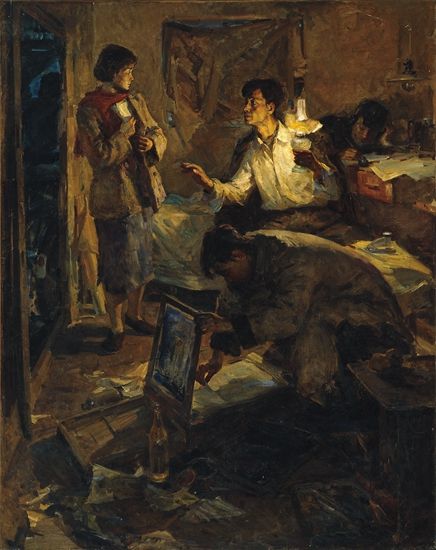 侯一民《地下工作者》,210×176cm,布面油彩,1957年 此画是侯一民在马克西莫夫油画训练班的结业创作,又名《地下印刷所》,描绘的是画家本人亲身经历的真实事件。 侯一民《地下工作者》,210×176cm,布面油彩,1957年 此画是侯一民在马克西莫夫油画训练班的结业创作,又名《地下印刷所》,描绘的是画家本人亲身经历的真实事件。