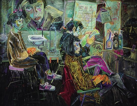 申玲《发廊系列-1》,150×190cm,布面油彩,1990年 申玲1990年代的作品带有强烈的叙述性,“地点”大多是教室、工作间、出租房以及附近的“理发店”等。 申玲《发廊系列-1》,150×190cm,布面油彩,1990年 申玲1990年代的作品带有强烈的叙述性,“地点”大多是教室、工作间、出租房以及附近的“理发店”等。
