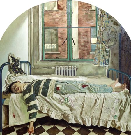 赵半狄《在那个早晨》,200×190cm,布面油彩,1990年 赵半狄以写实的手法描绘日常生活的一个细节,从人物慵懒、迷惘的状态中,观众可以体会到1990年代青年人面临的普遍困惑。 赵半狄《在那个早晨》,200×190cm,布面油彩,1990年 赵半狄以写实的手法描绘日常生活的一个细节,从人物慵懒、迷惘的状态中,观众可以体会到1990年代青年人面临的普遍困惑。