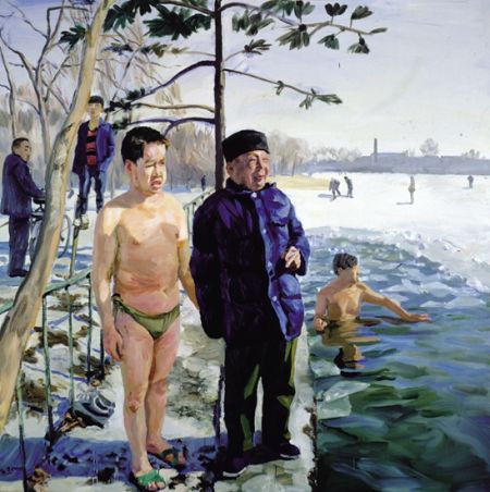 刘晓东《白胖子和他爸》,200×200cm,布面油彩,2000年 “胖”是刘小东关注现实的一个切入点,他在这件作品中对皮肤惨白、虚胖的城里人的刻画,仿佛是对这种针对皮肤深浅的审美偏见的报复,彰显着一以贯之的现实主义态度。 刘晓东《白胖子和他爸》,200×200cm,布面油彩,2000年 “胖”是刘小东关注现实的一个切入点,他在这件作品中对皮肤惨白、虚胖的城里人的刻画,仿佛是对这种针对皮肤深浅的审美偏见的报复,彰显着一以贯之的现实主义态度。