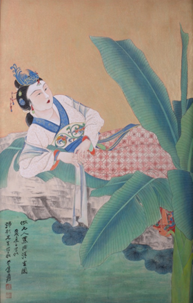 张大千 蕉荫清生图 纸本设色 镜心 尺寸:81×53cm 约3.9平尺 张大千 蕉荫清生图 纸本设色 镜心 尺寸:81×53cm 约3.9平尺
