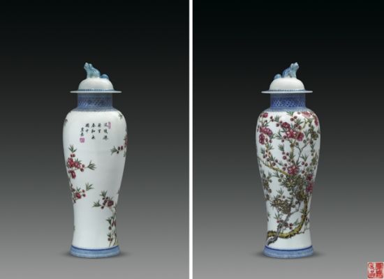 1039 叶震嘉 粉彩梅花将军盖罐 50年代 高 33cm、底 9cm、口 6cm 1039 叶震嘉 粉彩梅花将军盖罐 50年代 高 33cm、底 9cm、口 6cm