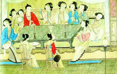 清佚名绘《红楼梦·怡红夜宴图》(局部) 图中女子有的持折扇,有的持团扇。 清佚名绘《红楼梦·怡红夜宴图》(局部) 图中女子有的持折扇,有的持团扇。