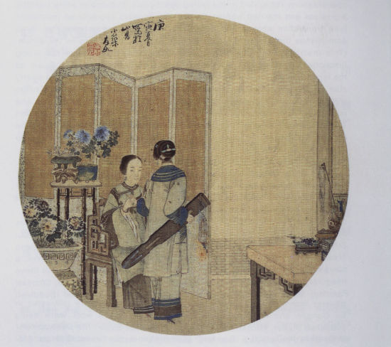 清代吴友如《双女携琴图》 清代吴友如《双女携琴图》