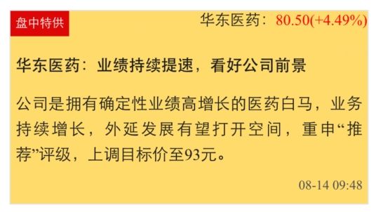 中金i牛股华东医药大涨冲涨停