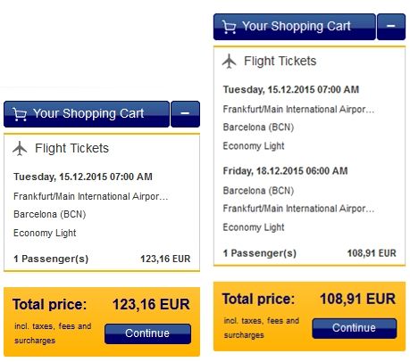 相同的法兰克福到巴塞罗那的航班，单程机票比往返机票贵