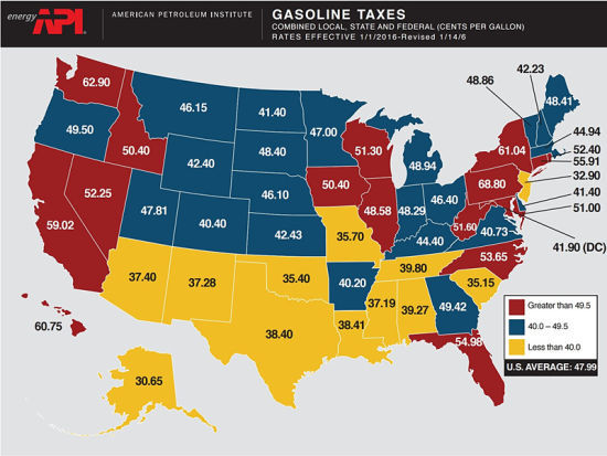 2016年1月美国各州每加仑汽油所含全部税费分布图