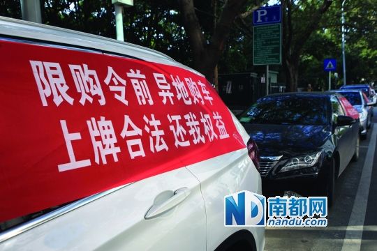 昨日,一群在限购令前在外地购买了汽车但无法在深圳上牌的车主,把自己的汽车停在深圳交委门前求助。南都记者 赵炎雄 摄