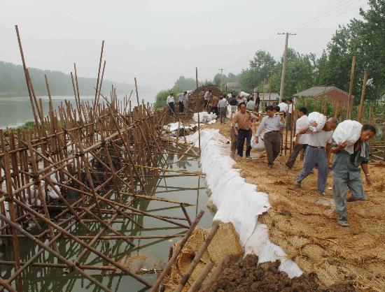 图文:民工在江苏宝应范水镇金宝圩加固防洪堤