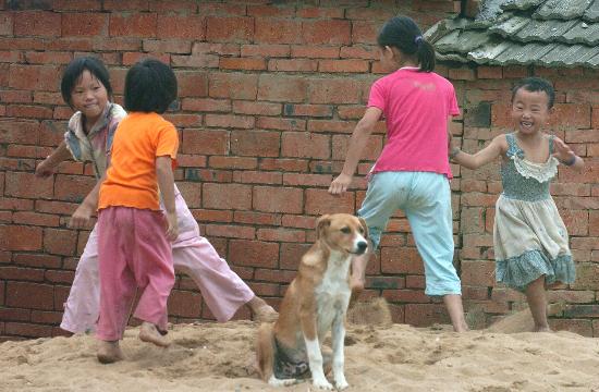 图文:(新华网)蒙洼蓄洪区内玩耍的儿童