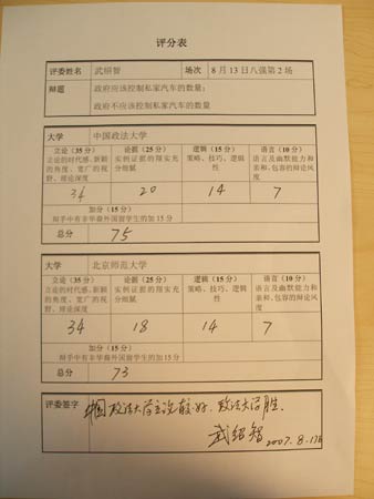 图文:中国政法大学与北京师范大学比赛评分表