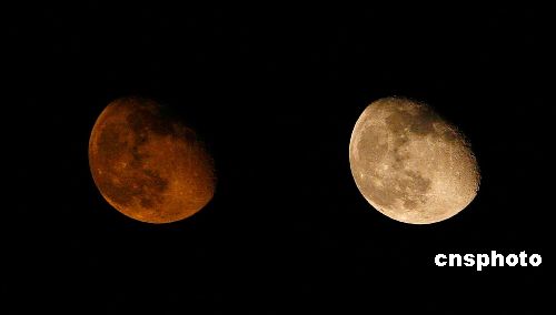 北京夜空出现红月亮(不同时段对比图)