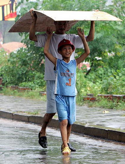 图文:父子顶着木板走在雨中