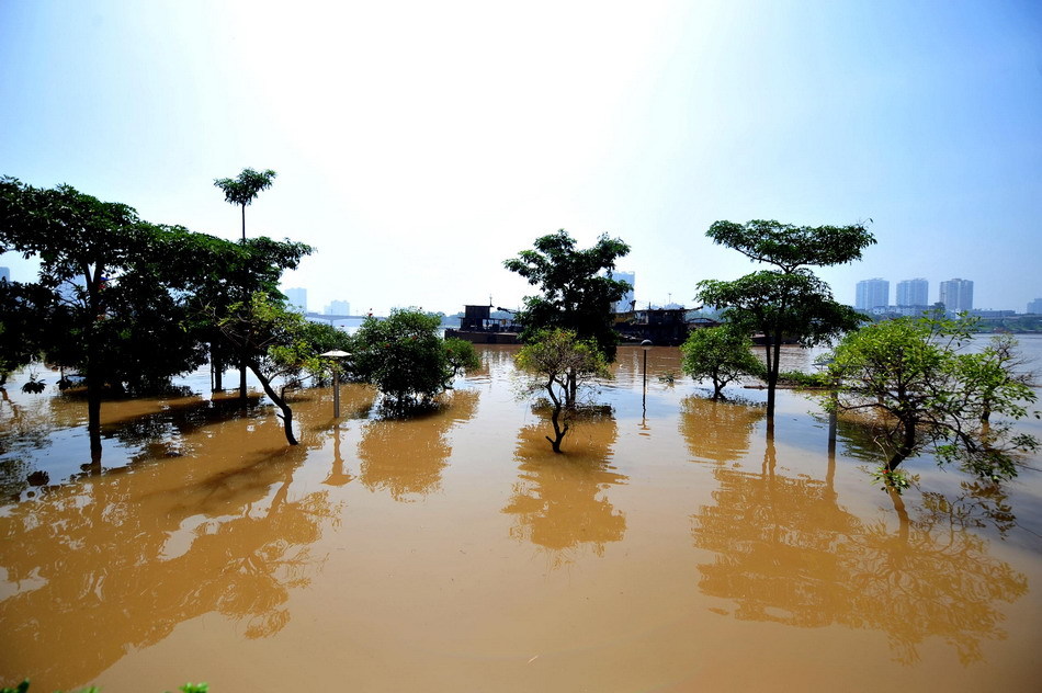 广西南宁邕江水位上涨 沿岸广场被水淹没