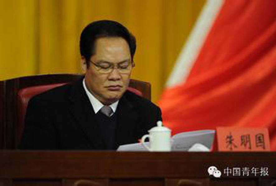 2014年年初，网上开始有举报信流传，将朱明国与谷俊山相提并论，历数他在海南、重庆、广东三地的腐败事例。2014年3月至6月，朱明国有长达3个月的时间未曾公开露面，引起公众猜疑。有媒体报道称，朱明国“涉嫌贪腐问题被立案调查”。