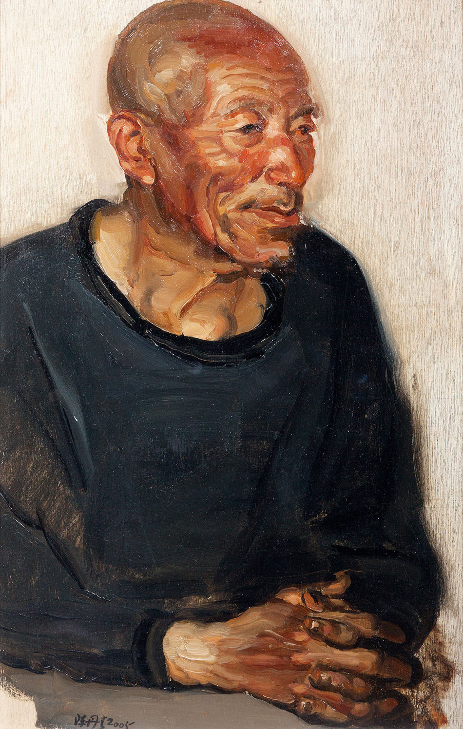 图为参展作品《老人像》,布面,油画,2005年作,38.5×24.5cm.