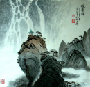 观瀑图（68X68）李汉平中国画