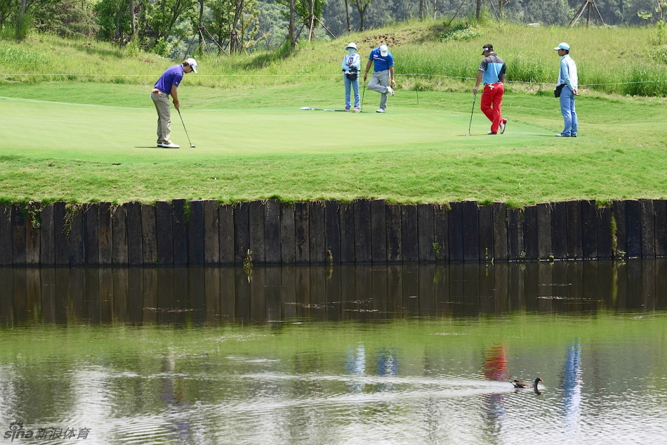 球员陈定根在果岭边蹲下身来,认真而专注地观察着地面的起伏与走向,从细节中研判最佳的击球策略。
