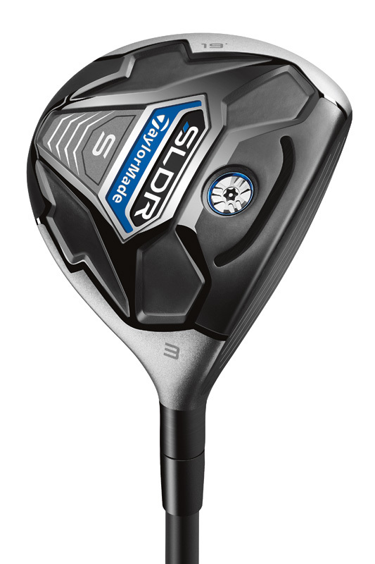 从上方俯视SLDR S发球杆，黑色条形瞄准线与银色杆冠形成极佳视觉引导。