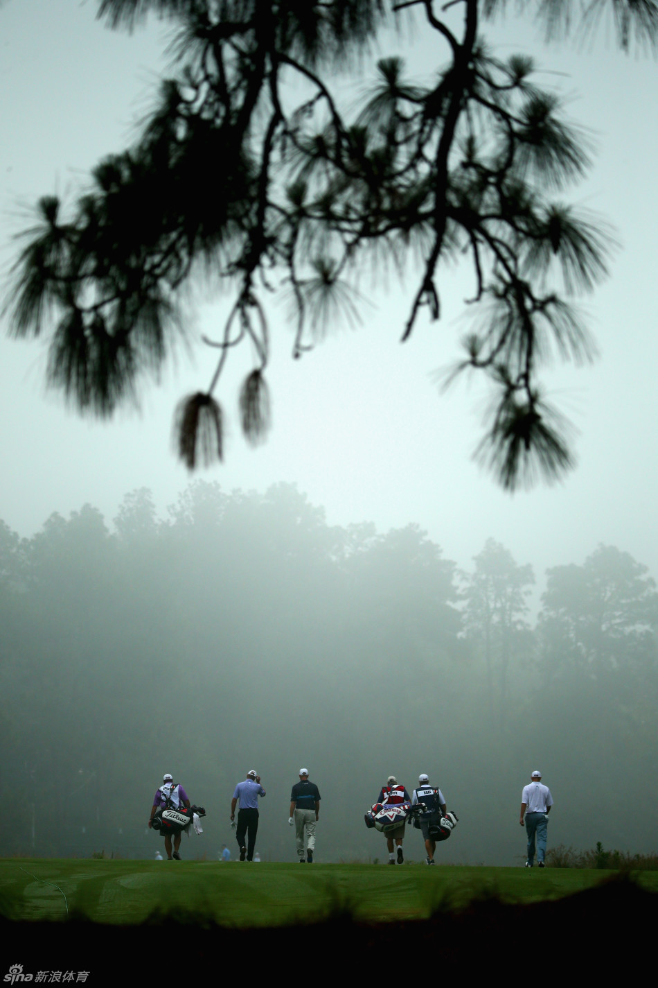 同组选手们正走过佘山球场经典的景观桥，背景是静谧的湖水与绿树，展现了高尔夫运动与自然融合的宁静与优雅。