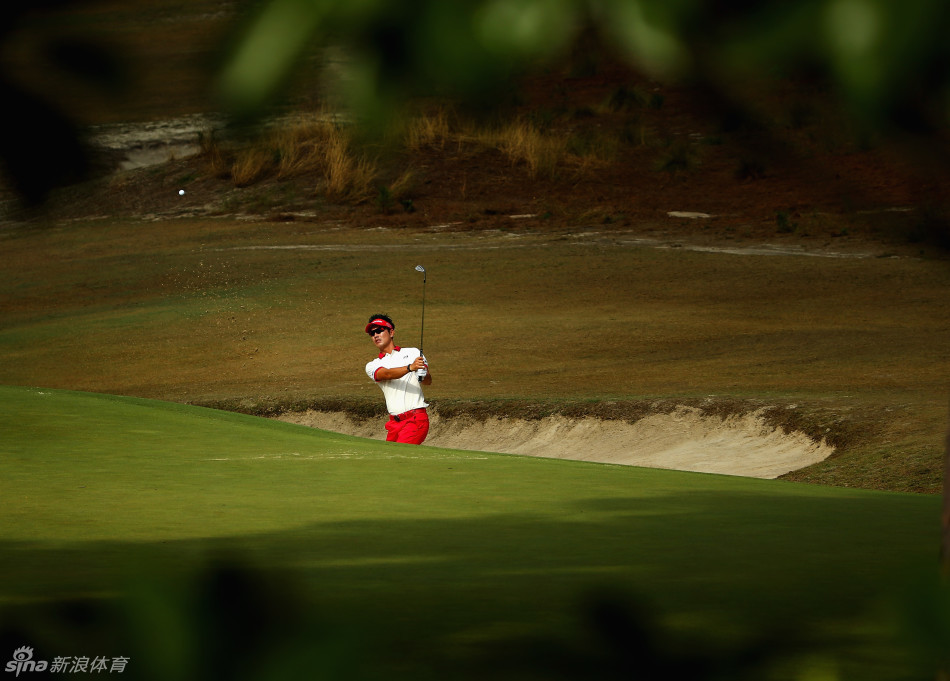 松山英树在松树丛旁的长草中调整站位，环境复杂但他的眼神依旧坚定专注