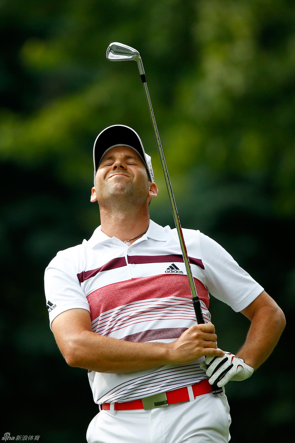 加西亚在果岭上俯身仔细观察草纹走向，准备进行关键一推，表情专注而严肃。